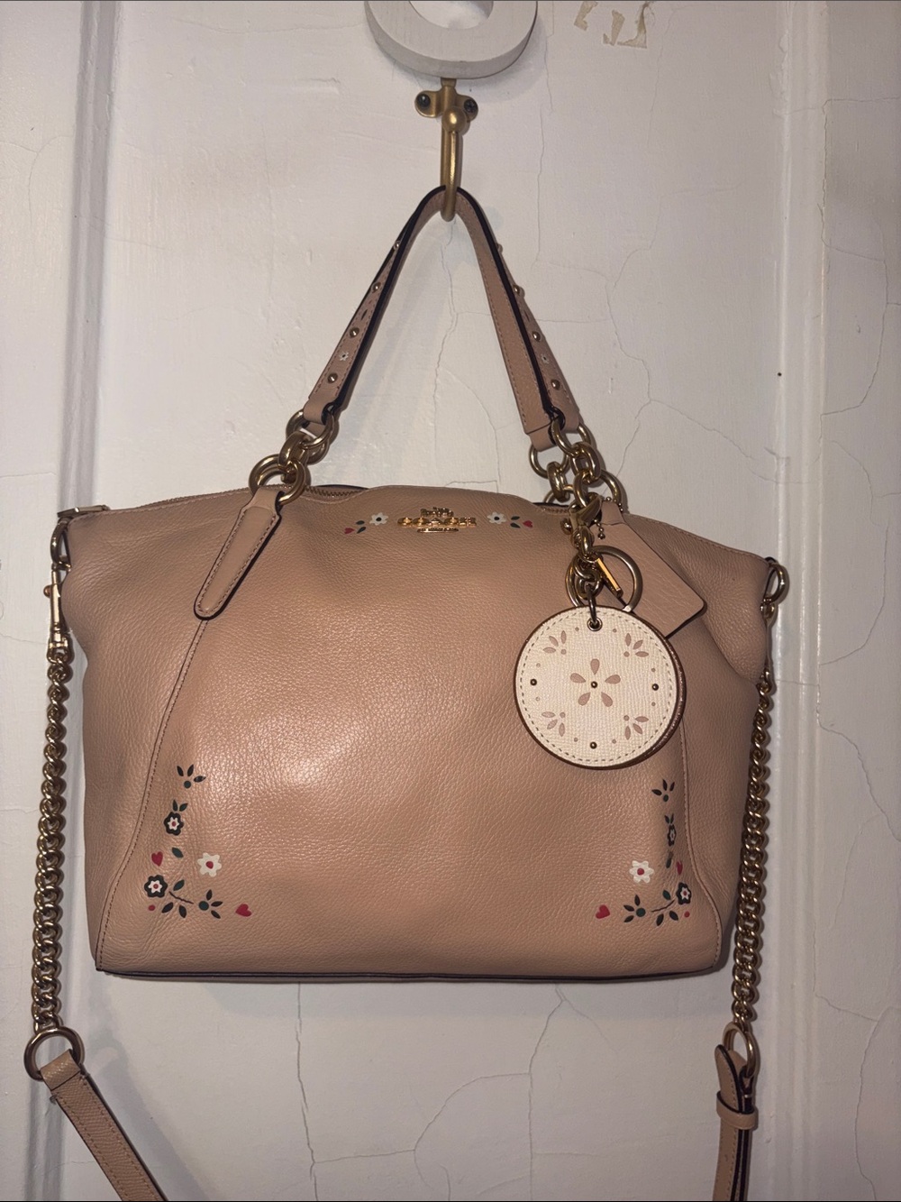 Coach Beige Floral Leather Tote with Gold Hardware